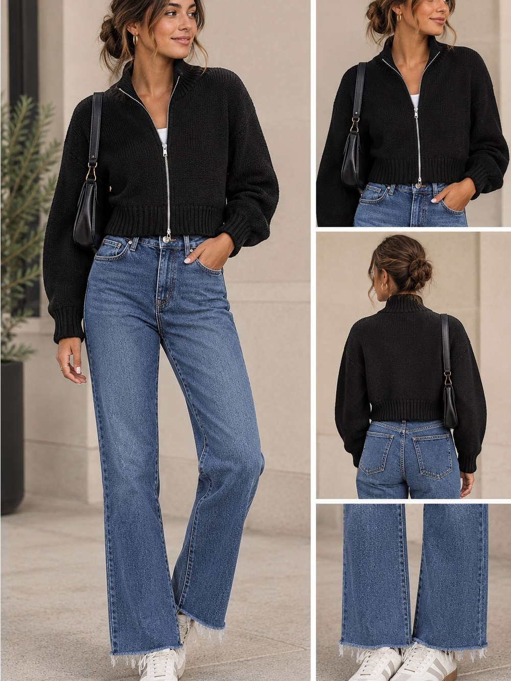 Divided Cropped Black Zip-Front Women's Sweater